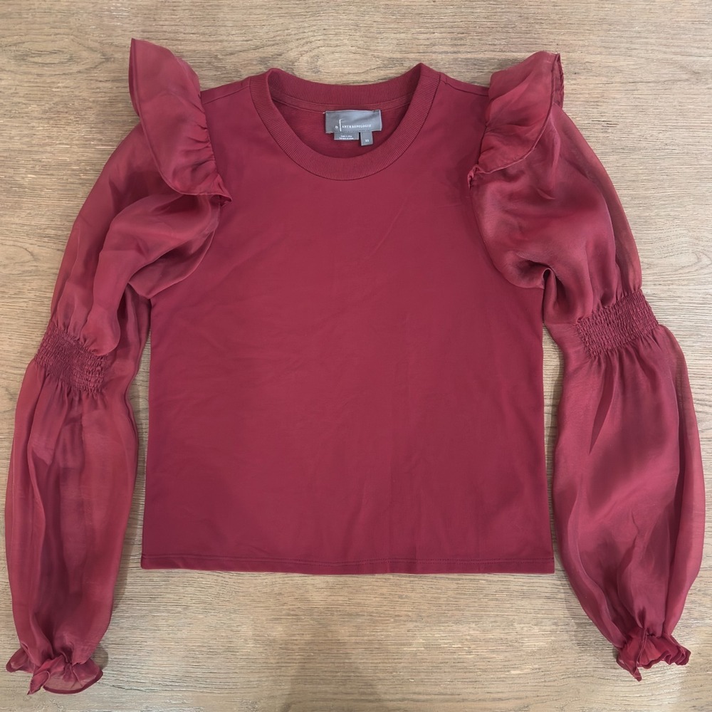 By Anthropologie English Factory Organza Mixed Smocked Detail Long Sleeve Top-XS